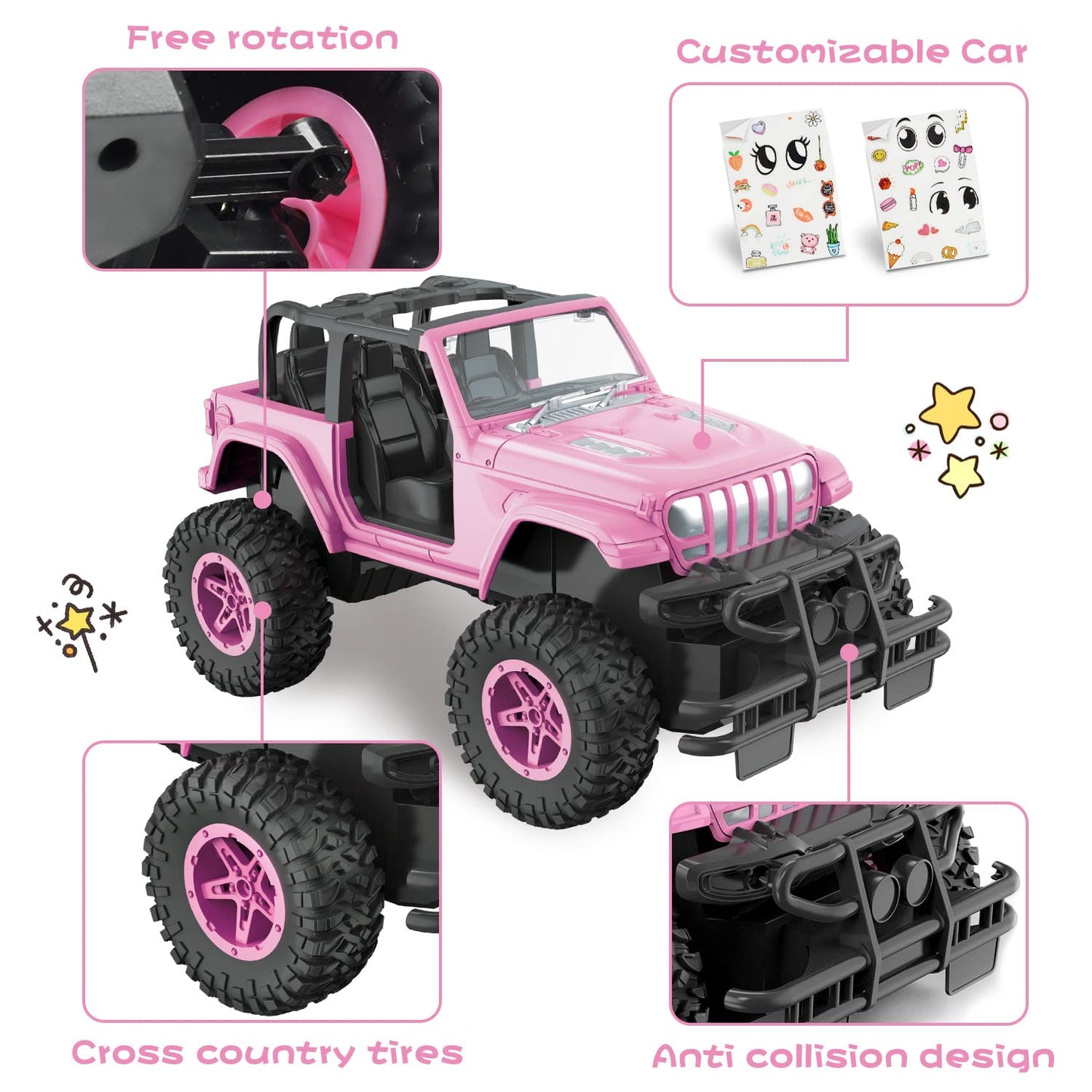 NQD RC Cars with DIY Sticker, Pink Remote Control Car for Girls, 2.4Ghz Jeep RC Trucks, Little Girl Toys Birthday Xmas for 3 Years Old and Up