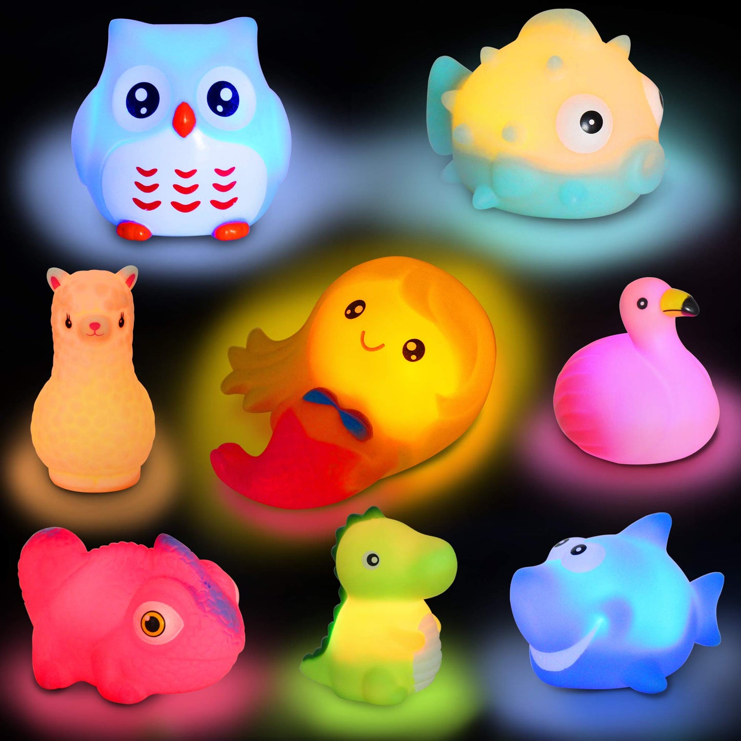 yoliyogo Animal Bath Toy Floating Auto Flashing Early Learning Toy Package with 8 Pcs Dinosaur Shark Flamingo Mermaid Etc Bathtub Shower Set Gift for Kids&Pets