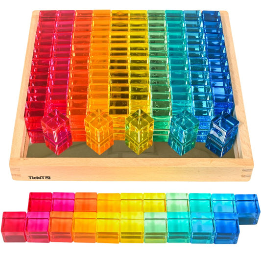 TickiT Gem Cube Mirror Tray | 100 Translucent Acrylic Blocks | Explore Reflections, Light and Color | Sensory Manipulative for Kids