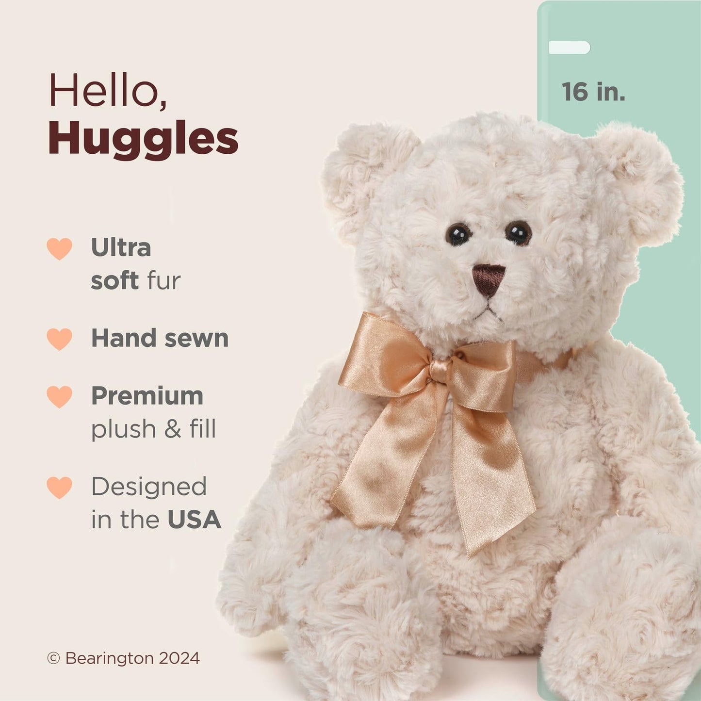 Bearington Huggles Creamy White Teddy Bear Stuffed Animal Toy - 16" Soft-Fur Teddy Bear Plushies with Satin Bow - Cuddly Stuffed Bears Plush Gift for Birthday, Anniversary, Holiday, or Graduation