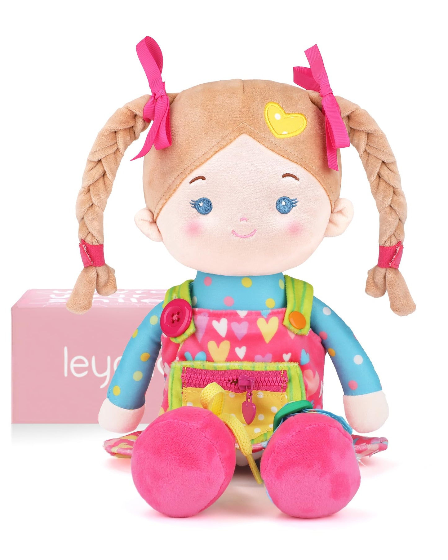 LeyaDoll Educational Soft Baby Doll(16''), Learning Sensory Doll for Toddlers, Montessori Toys for 2-Year-Old Girls Christmas, Birthday Gifts, Plush Doll with Zipper, Shoelace, Button-Busy Sweetheart