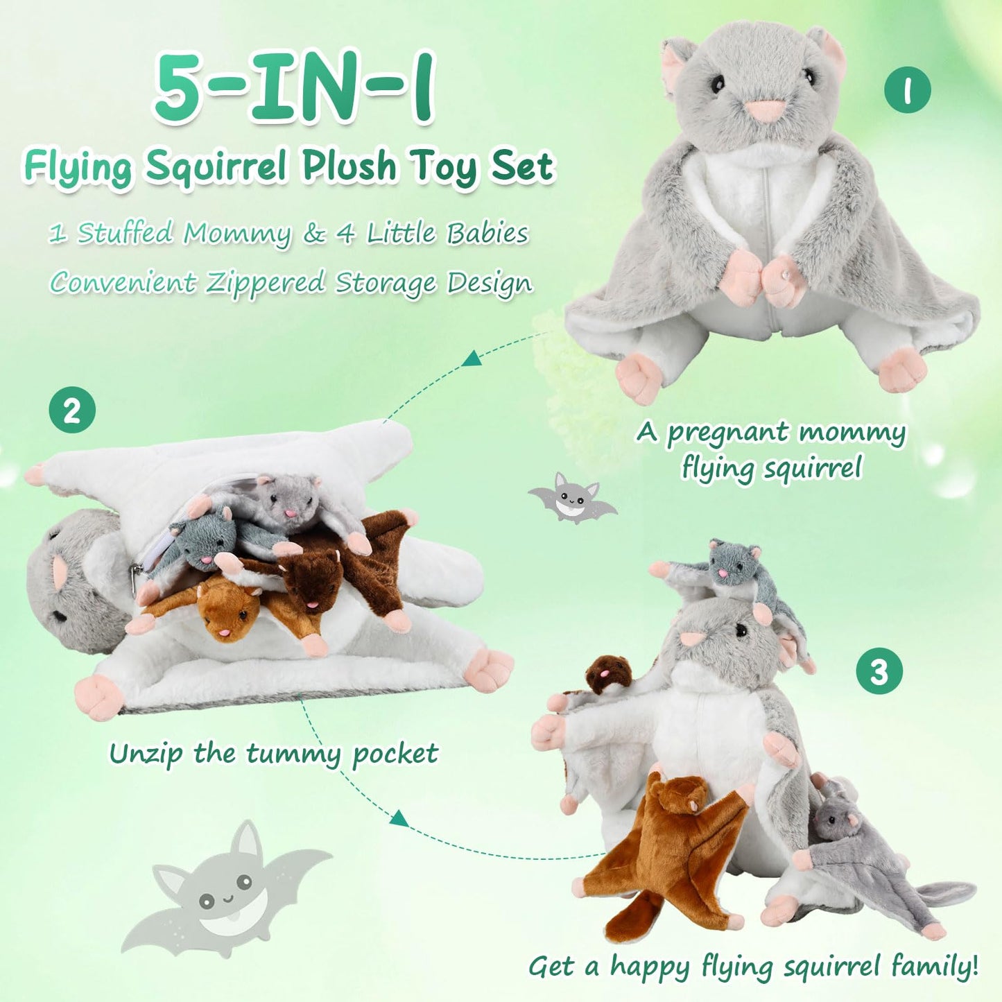 Civaner 5 Pcs Flying Stuffed Squirrel Animals Set 13 Inch Mommy Stuffed Flying Plush Squirrel Toy with 4 Babies Soft Fluffy Plushies Dolls for Christmas Valentines Easter Birthday Gifts