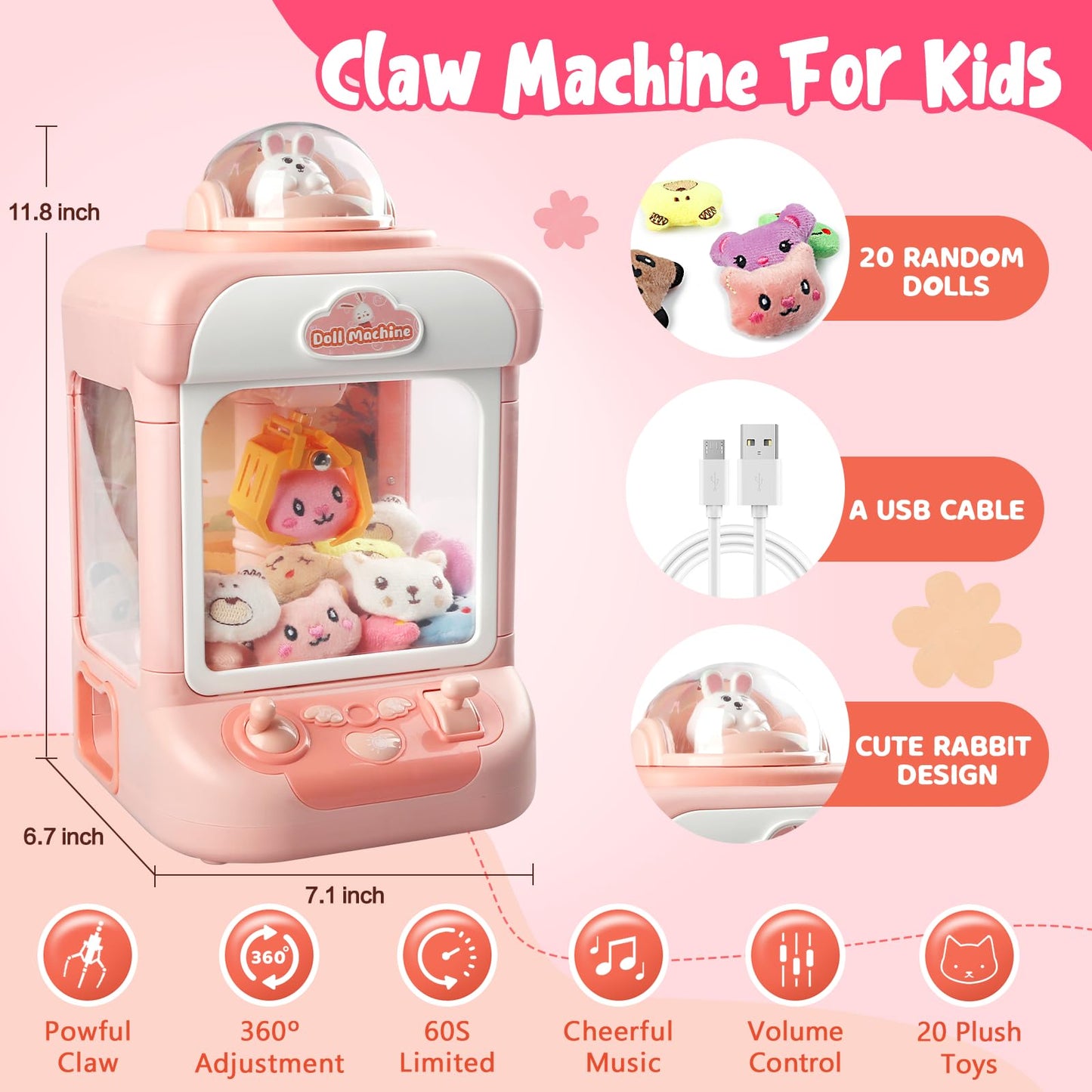 Tracpos Claw Machine for Kids,Mini Vending Machines Candy Grabber Prize Dispenser Toys for Girls,Electronic Arcade Claw Game Machine for Party Birthday with Lights Sound (Rabbit Claw)