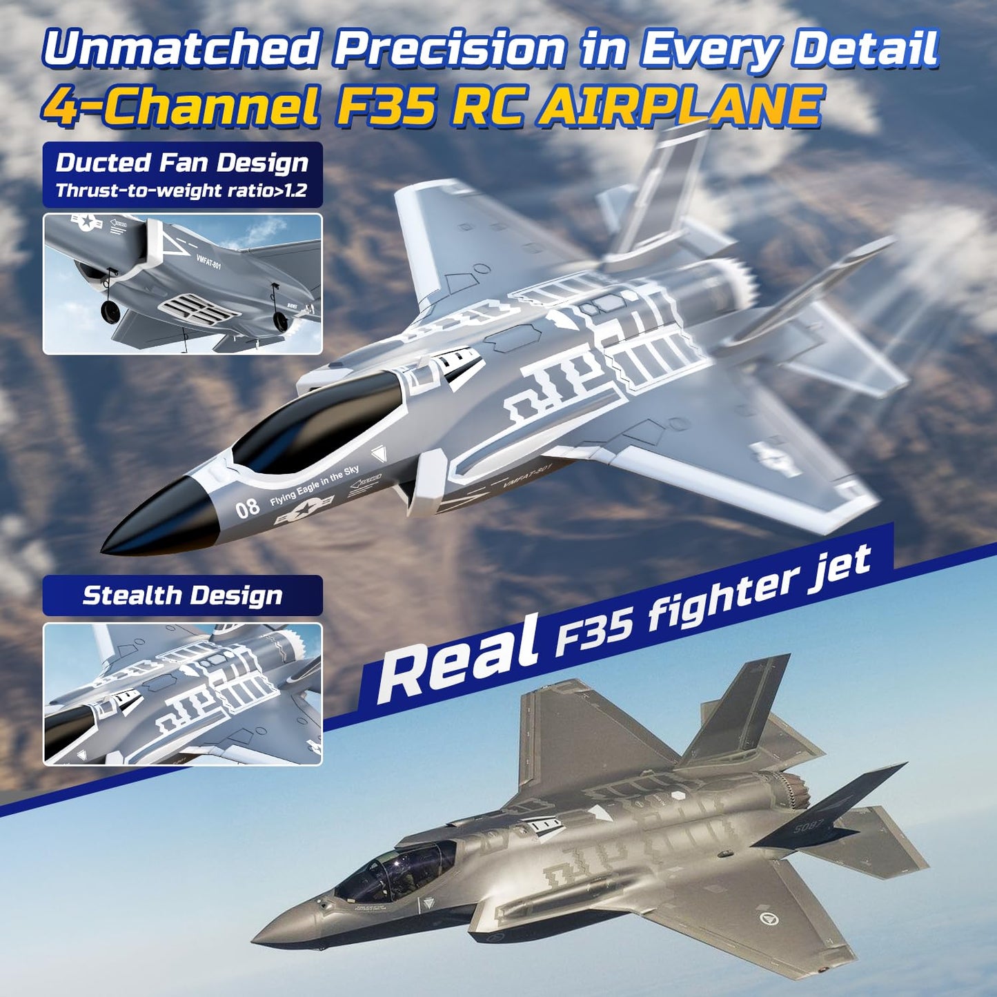 DEERC F35 4 Channel Brushless RC Plane for Adults Remote Control Airplane EDF Fighter Jet,2.4GHz 6-axis Gyro Stabilizer EPP RTF Hobby Glider Aircraft Plane Easy to Fly for Advance Player