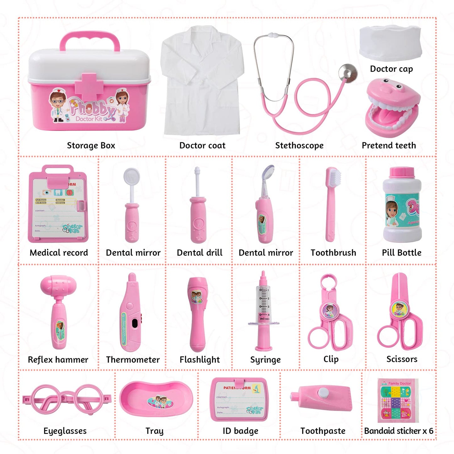 Phobby Durable Doctor Kit for Kids, 27 Pcs Deluxe Pretend Play Set Medical Toy with Real Stethoscope for Toddlers Boys Girls Birthday Gift Aged 3 4 5 6 7 8(Pink)