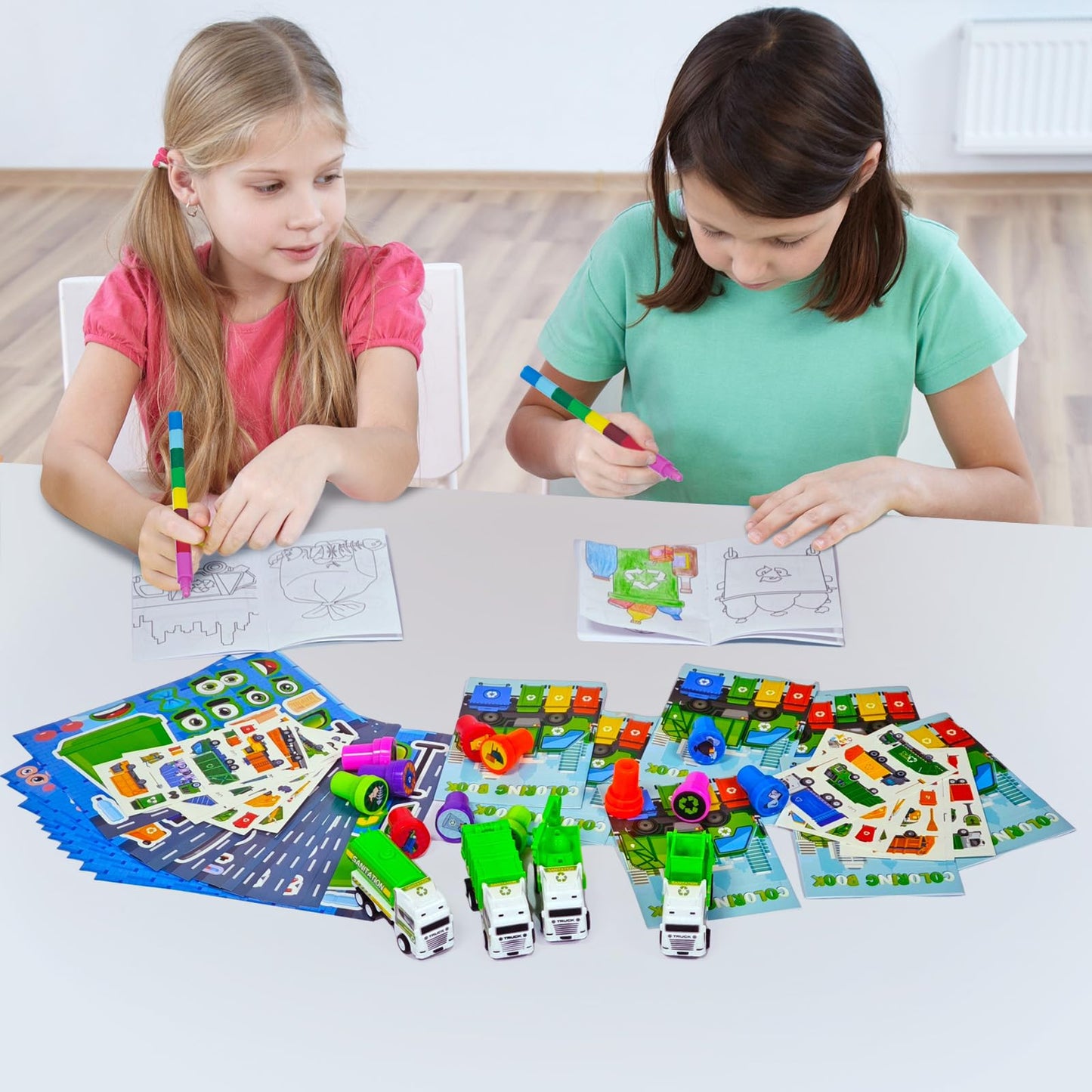 Cinrobiye 72 PCS Garbage Truck Coloring Books Party Favor Set Garbage Party Goodie Bag Fillers Truck Birthday Party Supplies DIY Scene Stickers Temporary Tattoos Prizes Art Crafts for Home School