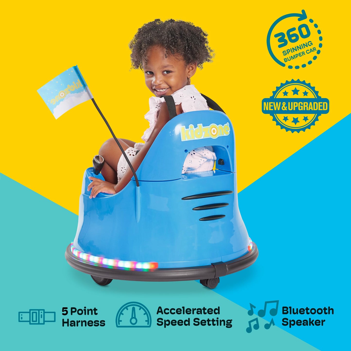 Kidzone Smart Bumper Car for Toddler & Kids 1.5-6 Years Old, 12V 2-Speeds Electric Ride On Bumping Toy Gifts W/Remote Control, APP Control, LED Lights, Bluetooth, 360°Spin and DIY Sticker, Blue