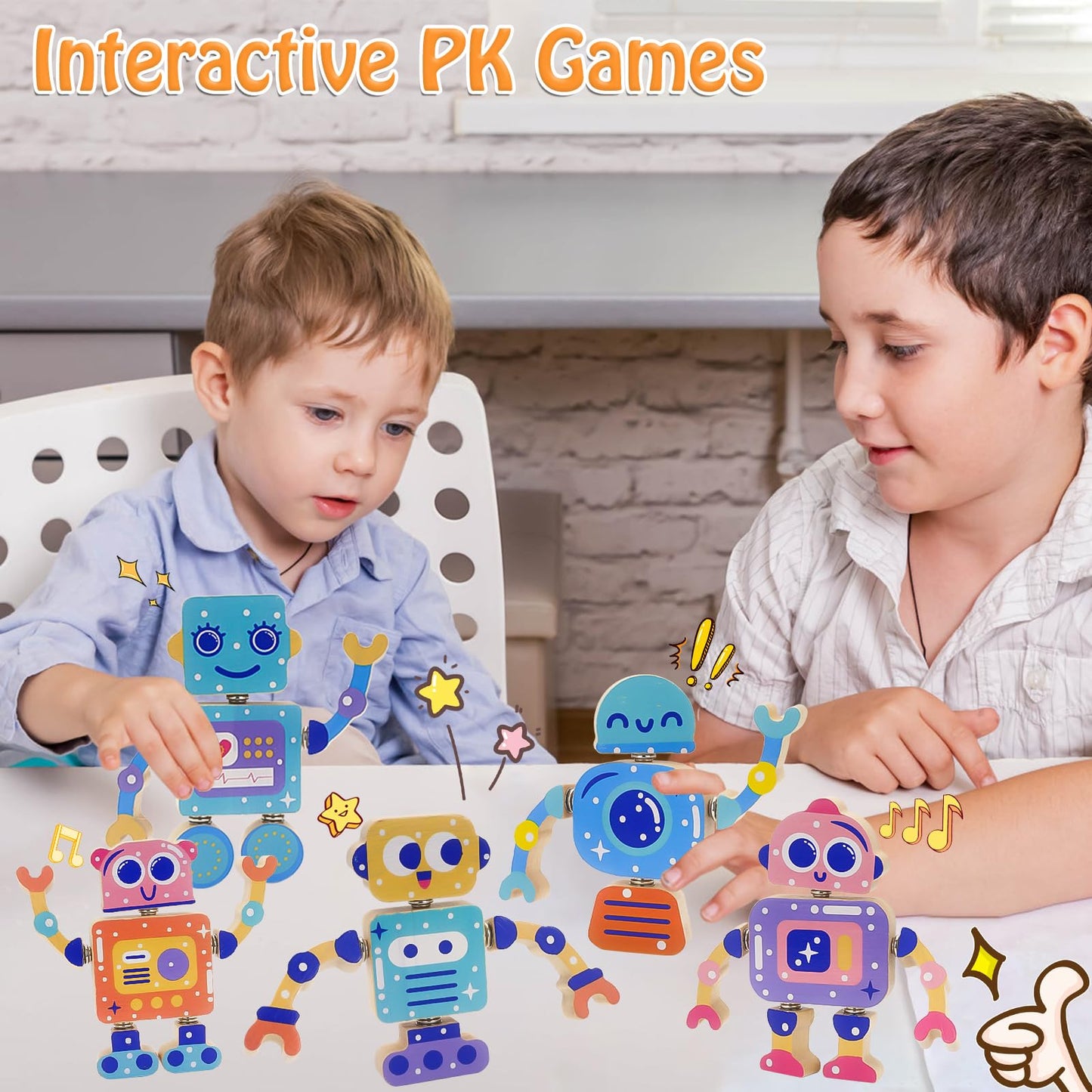 Robots Wooden Snap-Together Building Toys – 28-Piece STEM Montessori Educational Blocks for Toddlers Ages 3–6 | Fine Motor Skills Development | Safe, Durable, Creative Robot Toys Gift for Kids