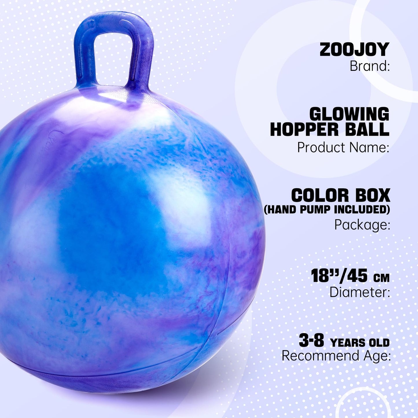 ZOOJOY Glow-in-The-Dark Light Up Hopper Ball for Kids, 18 Inch Bouncy Ball with Handle, Inflatable Night Glow Jumping Toy for Boys and Girls Aged 3-8, Indoor & Outdoor Play, Includes Pump