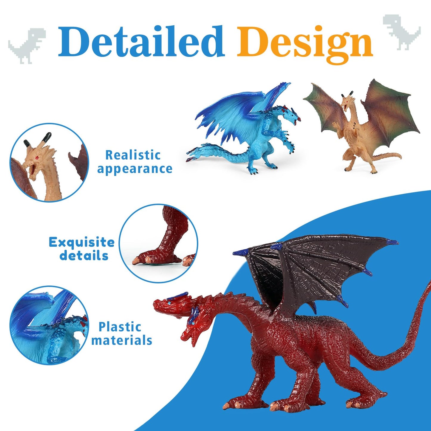 EOIVSH 6pcs Dragon Toys for Kids, 5 inch Ancient Flying Dragon Figurines, Mythical Toy Figures & Playset Gift for 3 4 5 6 7 Boys Girls, Cake Topper & Party Favors