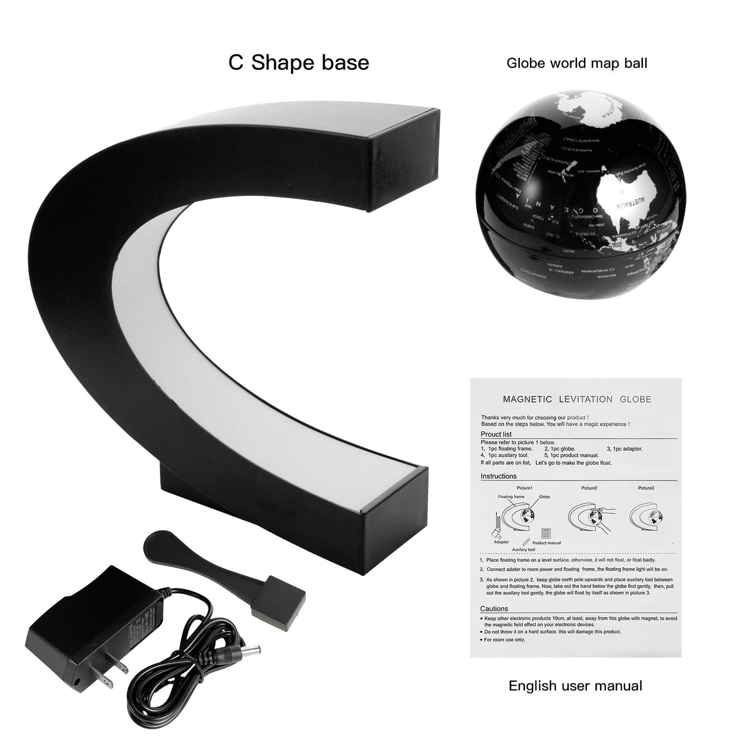 Gresus Magnetic Levitation Floating World Map Globe, C Shape Base with LED Lights, Great Fathers Students Teacher Business Boyfriend Birthday Gift for Desk Decoration （Black) (Globe doesn't light up)