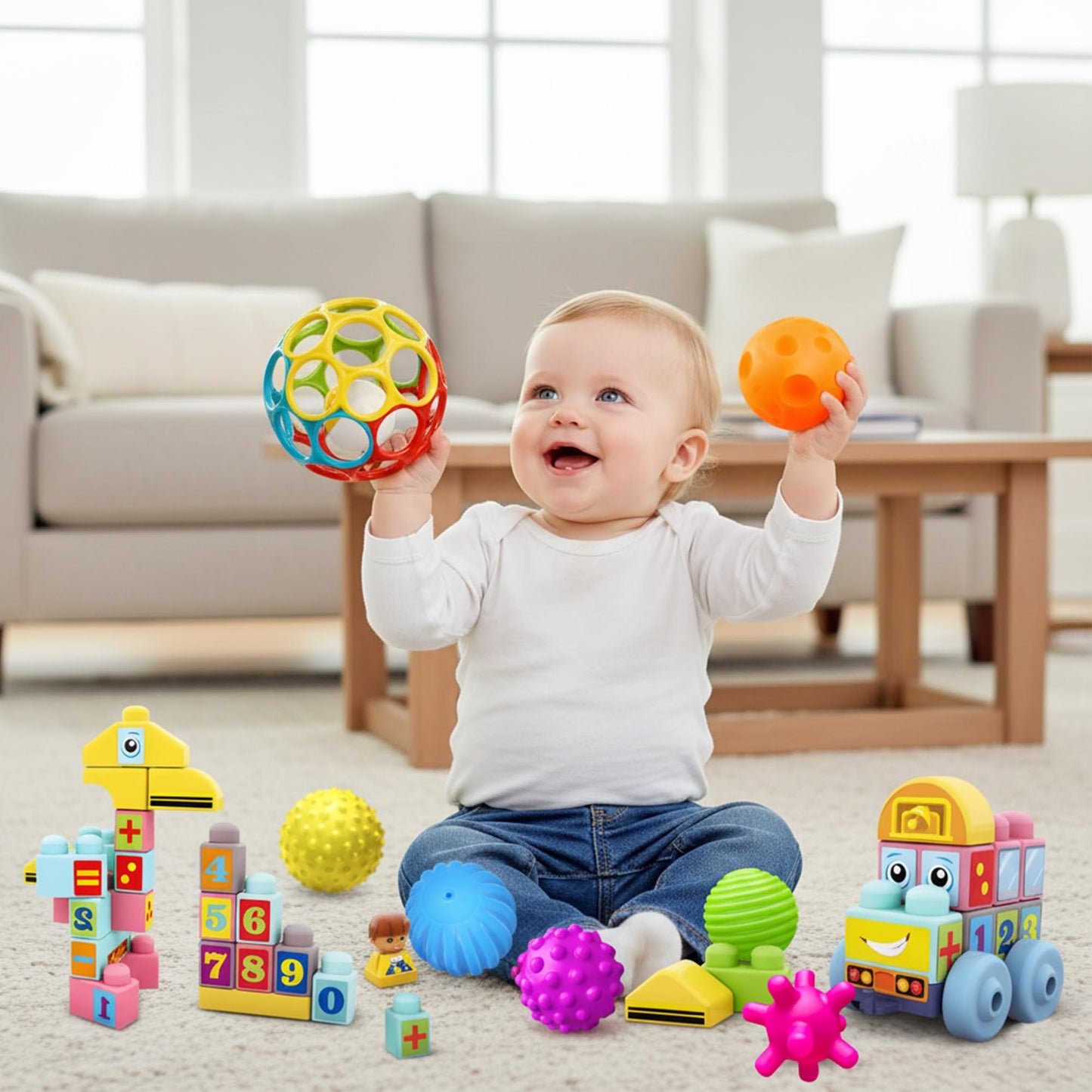 ROHSCE Baby Blocks 6-12 Months & Sensory Balls Bundle, 34 PCS Soft Stacking Blocks and 7 PCS Textured Rattle Teething Toys, Kids Building Toys for Toddlers 1-3, Montessori Gift for Boys & Girls