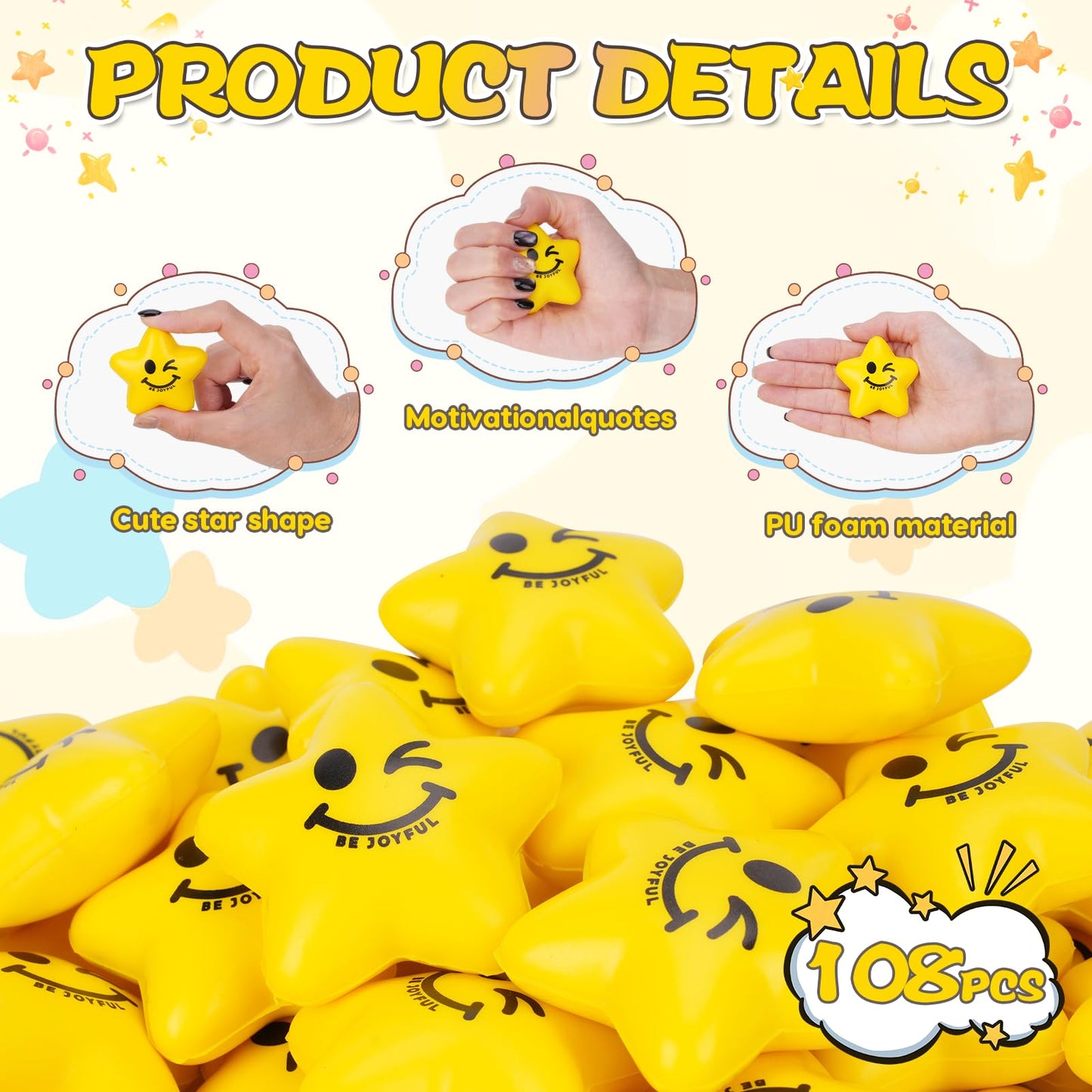SHQDD Stress Balls, 108PCS Stress Balls for Kids & Adults - Mini Star Stress Balls Squeeze Toys, 2.16 Inch Cute Smiley Face Stress Relief Ball Bulk for Anxiety Fidget Sensory, Classroom Party Supplies