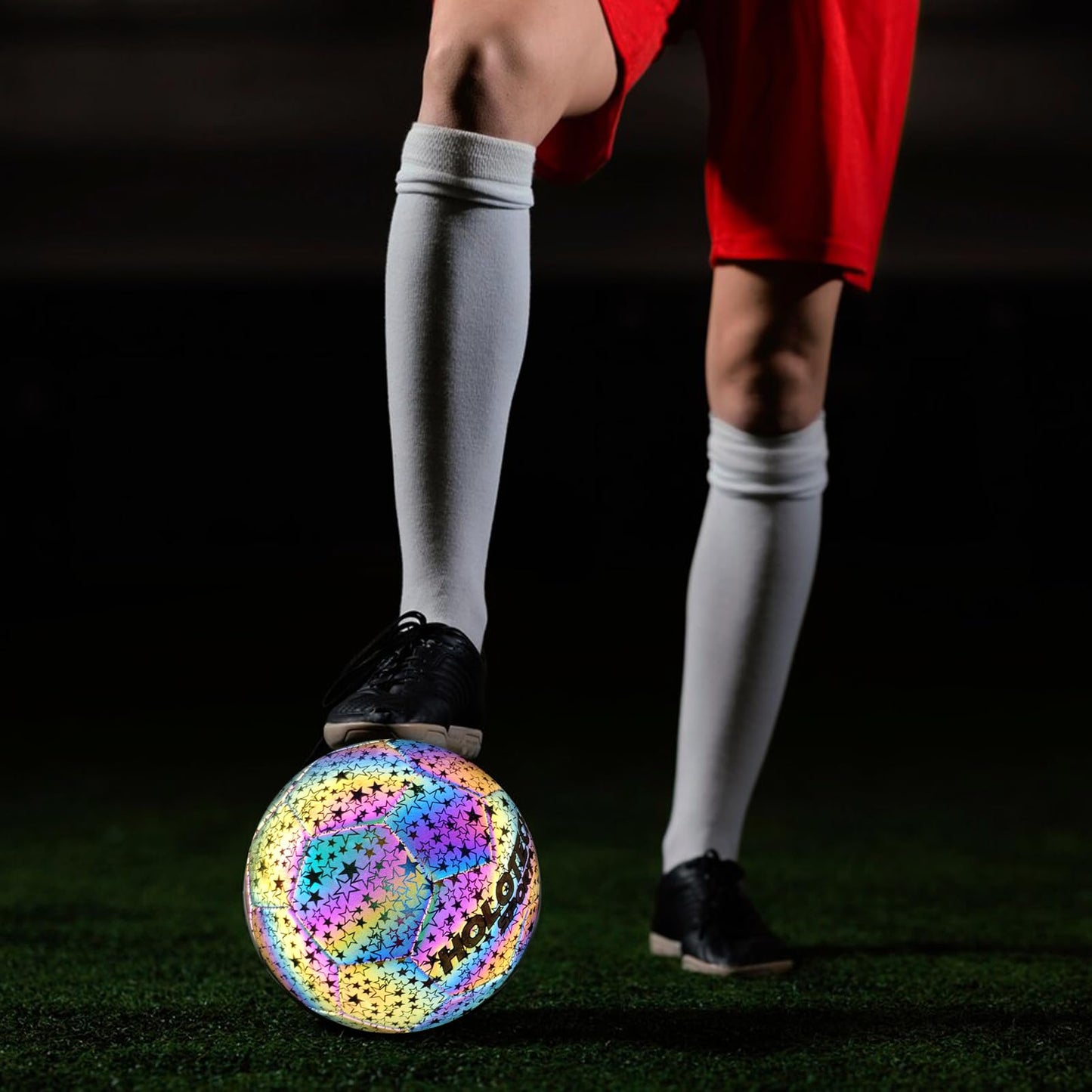 MILACHIC WTOPSBO Soccer Ball Size 5, Holographic Glow Soccer Ball, Bright PU Leather Soccer Balls for Night Games, Training, Ideal Gifts for Women and Men with Pump