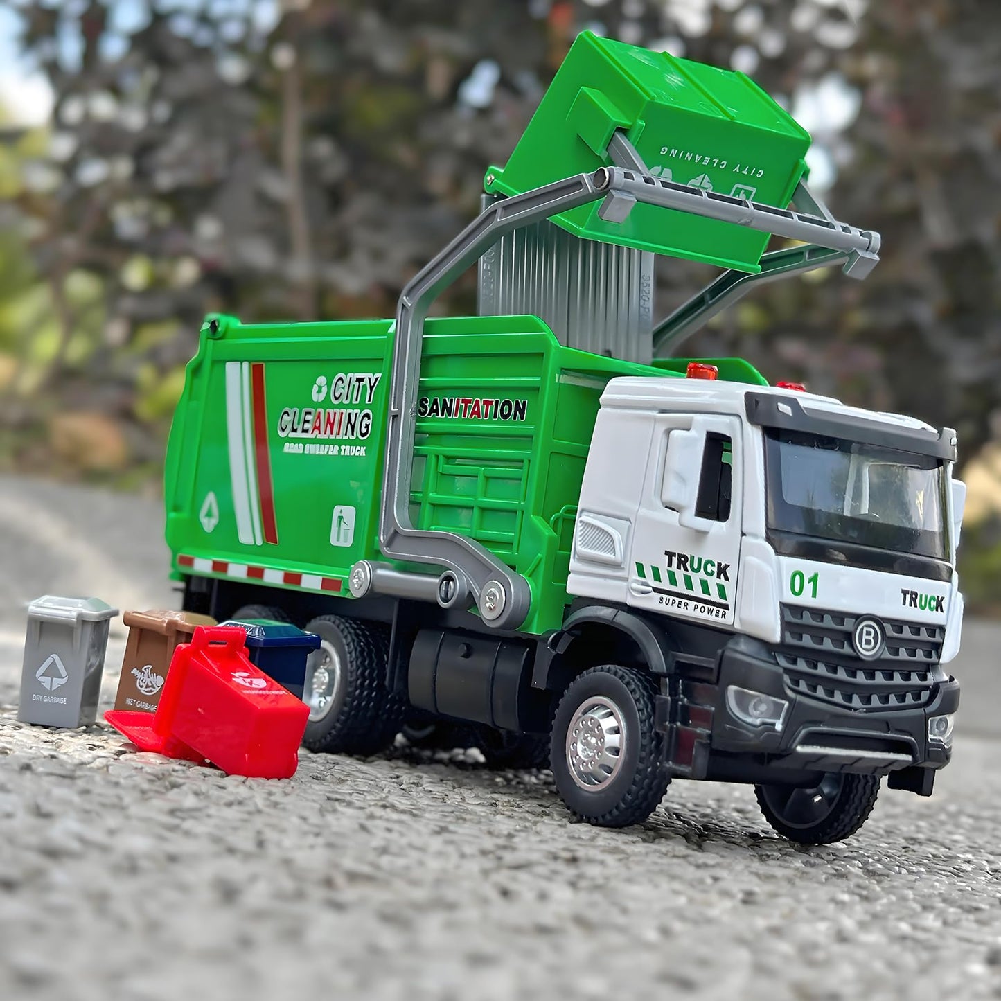 NOVAFUSION Garbage Truck Toys for Boys,Toy Garbage Truck Metal Diecast Cab,Pull Back Garbage Truck with Lights and Sounds,Front Loader Recycling Toy Garbage Trucks,Garbage Truck Toys for Boys Age 4-7