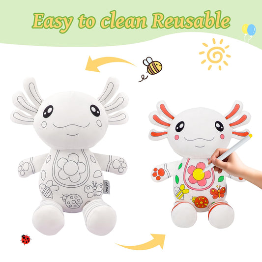 IFOYO Coloring Plush Toy with 5 Washable Markers, Creative Axolotl Airbrush Plush, Cute Stuffed Animal Doll for Ages 4-6, Surprise Kids Toy for Nursery Decor, Travel, Playtime, Birthday Gift