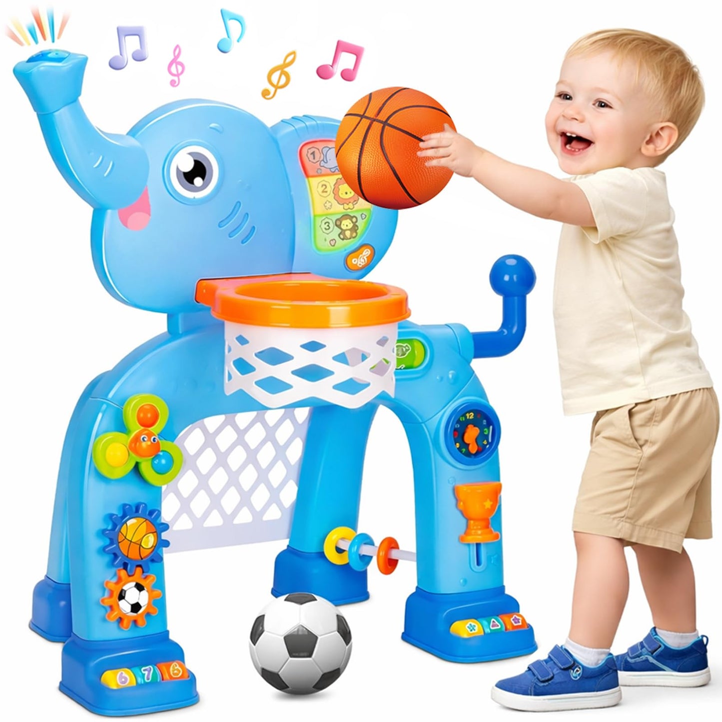 Toddler Basketball Hoop & Soccer Goal, Toys for 1 2 3 Year Old Boys Girls, Kids Sports Toy with Light Sound Music, Montessori Toys for Baby 12-18 Months, Christmas Birthday Gifts for Ages 1-3(Blue）