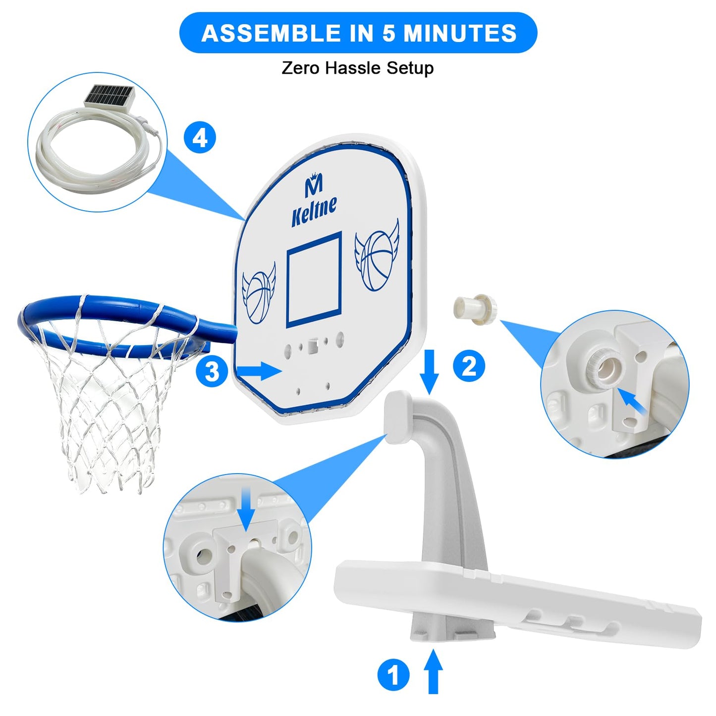 Solar Pool Basketball Hoop with Lights, 34"x34"x42.2" Oversized Swimming Pool Toys with 2 Balls/Pump for Poolside Water Basketball Game, High Brightness LED Poolside Basketball Hoop for Kids & Adults