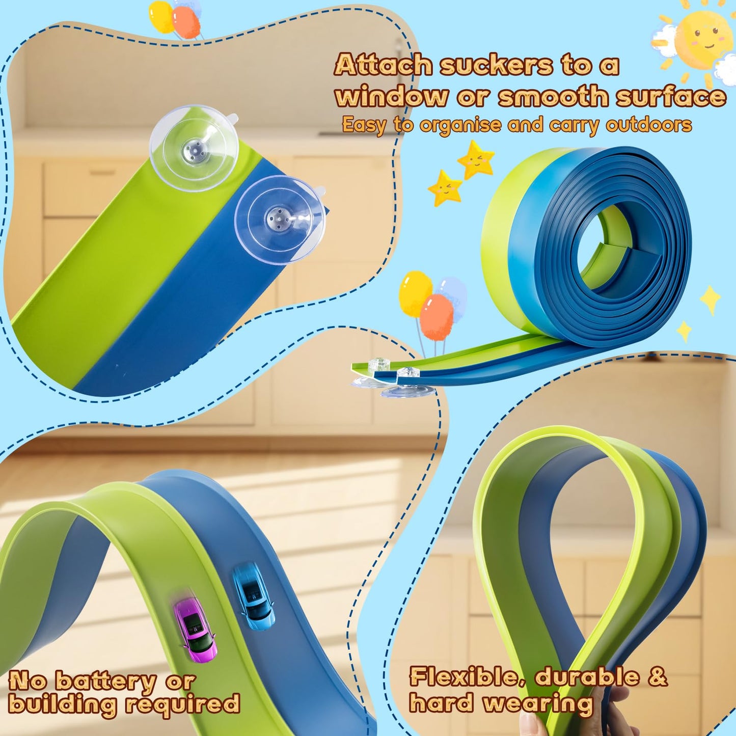 Flex Tracks 15 Ft for Kids Starter Set, Flexible Race Car Ramp Track with Suction Cups Compatible with Diecast 1/64th Cars for Ages 3 & Up (Green & Blue)