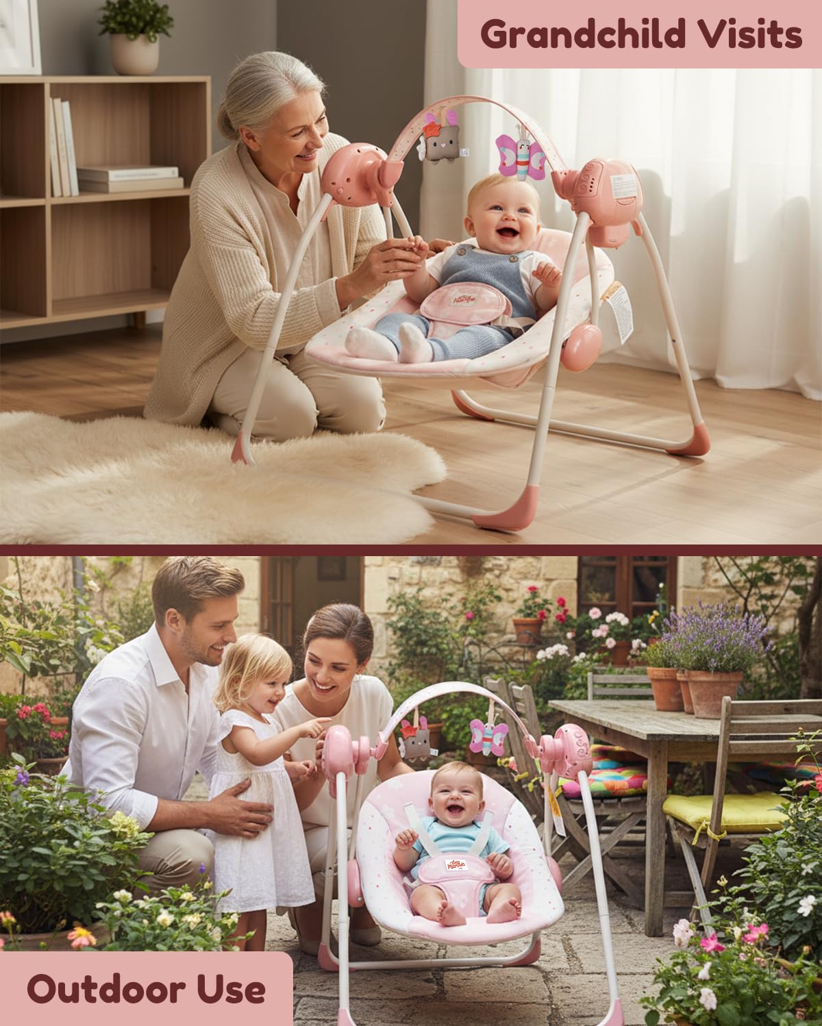 Baby Swings for Infants, Tiny Marvels Portable Swing with Adaptable Speed, Music, Removable-Toy-Bar, Foldable Infant Swing for Indoor and Outdoor Use, 0-9 Months 6-20 lbs(Blush Bloom)