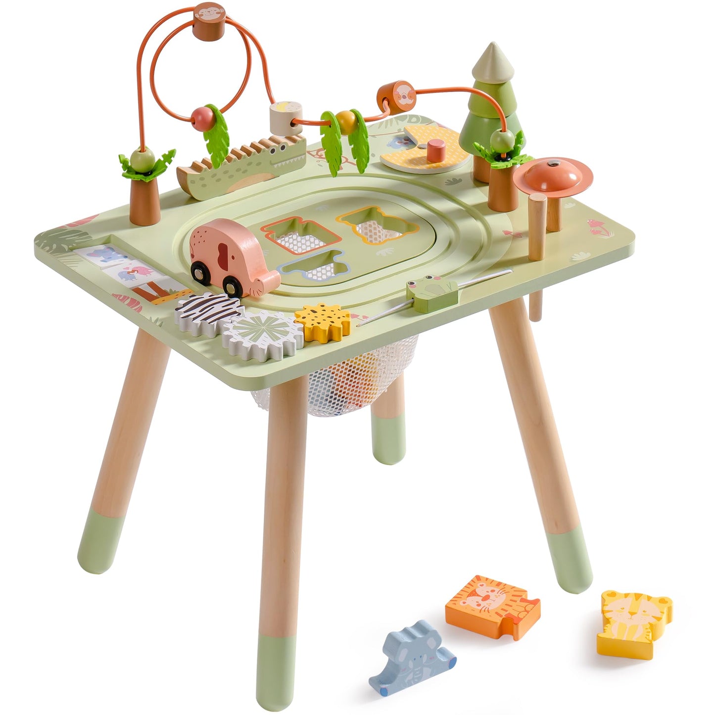 ROBUD Activity Table, 11-in-1 Montessori Learning Table with Bead Maze, Gears, Track, Shape Matching, Storage & More, Wooden Montessori Toys for Toddler, Educational Gift for Baby Boys Girls, Green