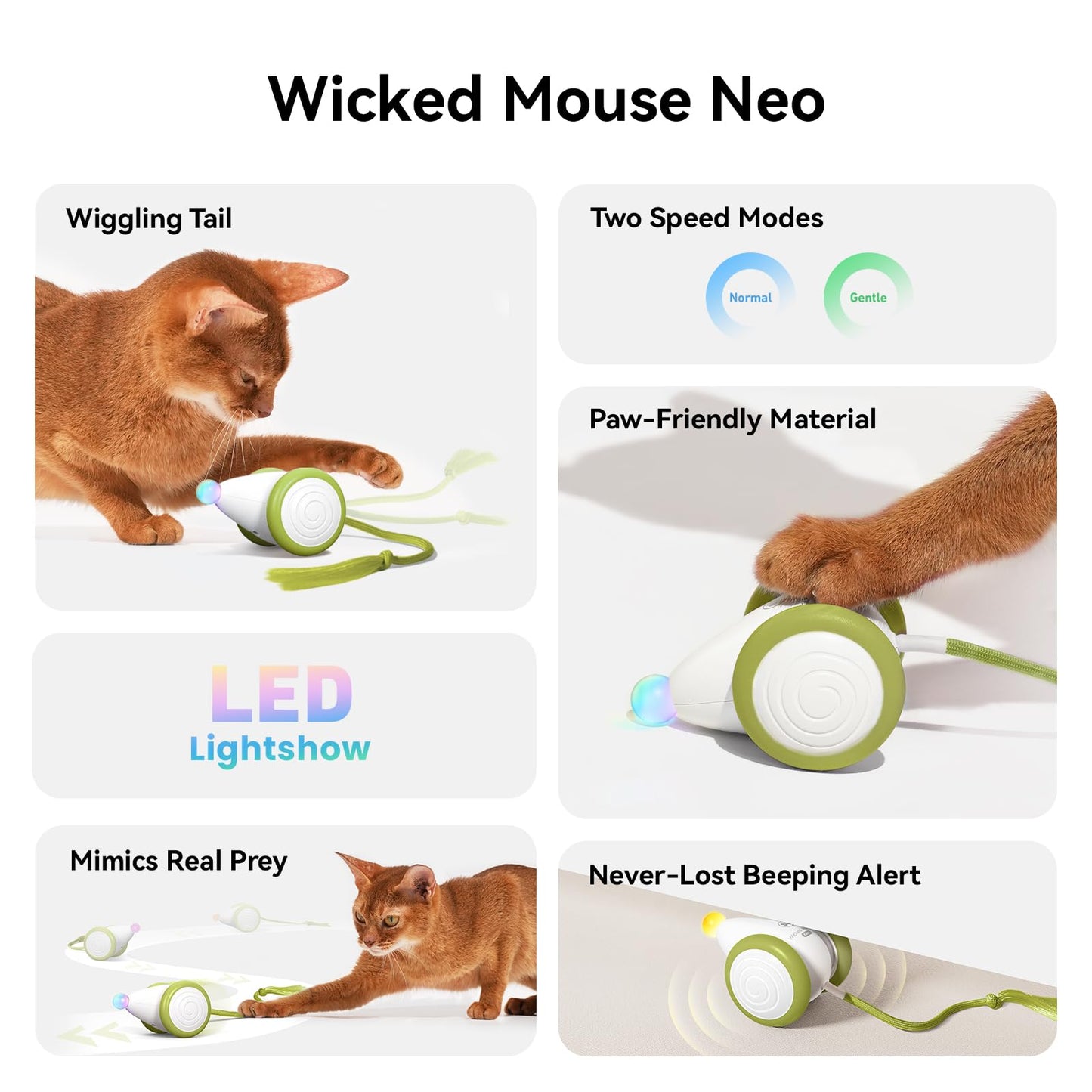 Cheerble Interactive Cat Toys for Indoor Cats, Automatic Moving Kitten Toys, Wicked Mouse Neo Cat Toy with Tail & Lights, Pet Cat Supplies, Rechargeable Cat Toys for Bored Indoor Adult Cats