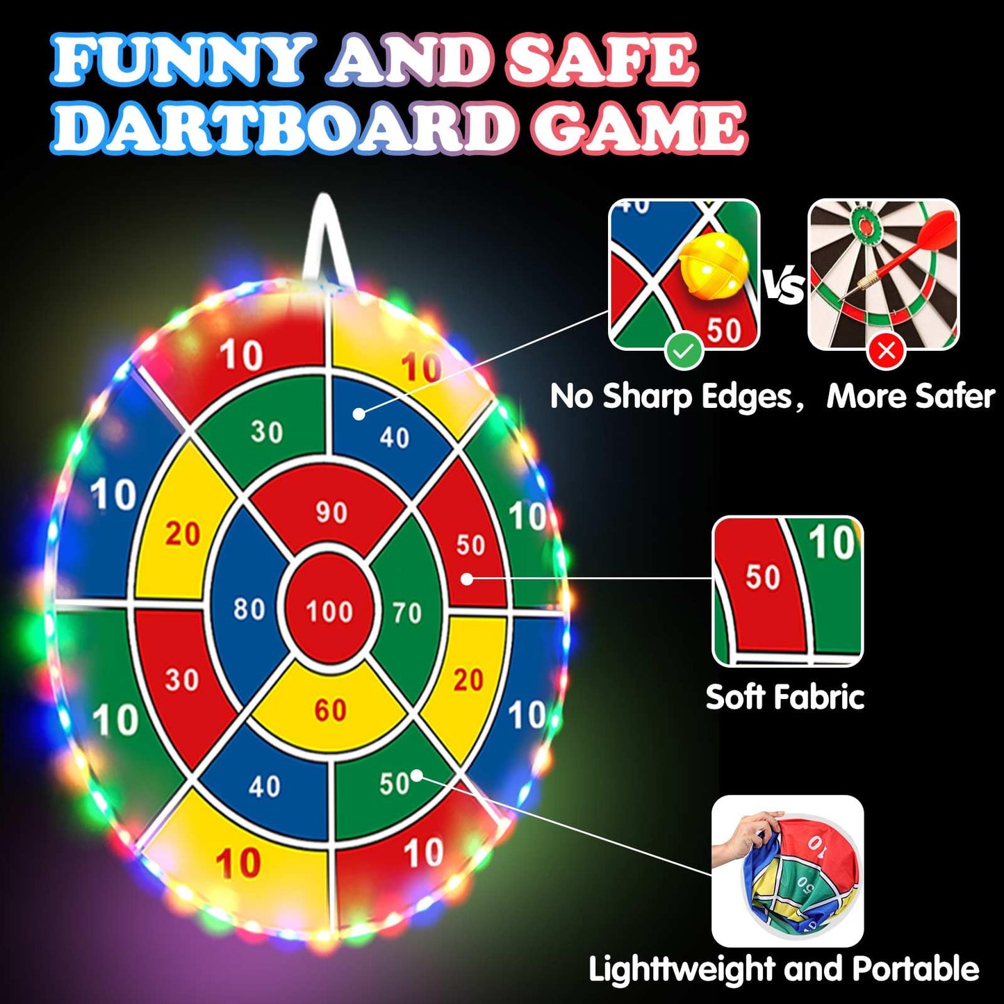 Dart Board for Kids, 29" Light Up Kids Dart Board with LED Sticky Balls Glow in the Dark Games Indoor Outdoor Toys Games for Kids Ages 4-8, Birthday Party Games Gift for Kids Ages 4 5 6 7 8 9 10 11 12