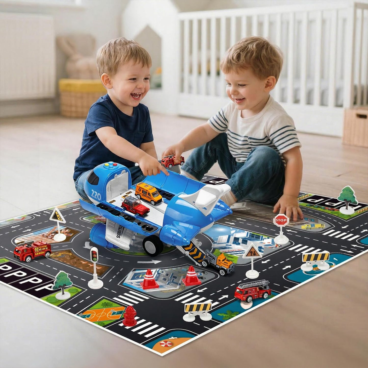 CUTE STONE Toy Airplane with Lights & Sounds, Friction Powered Plane Toy with Mini Cars for Kids, Great Gift for Boys and Girls