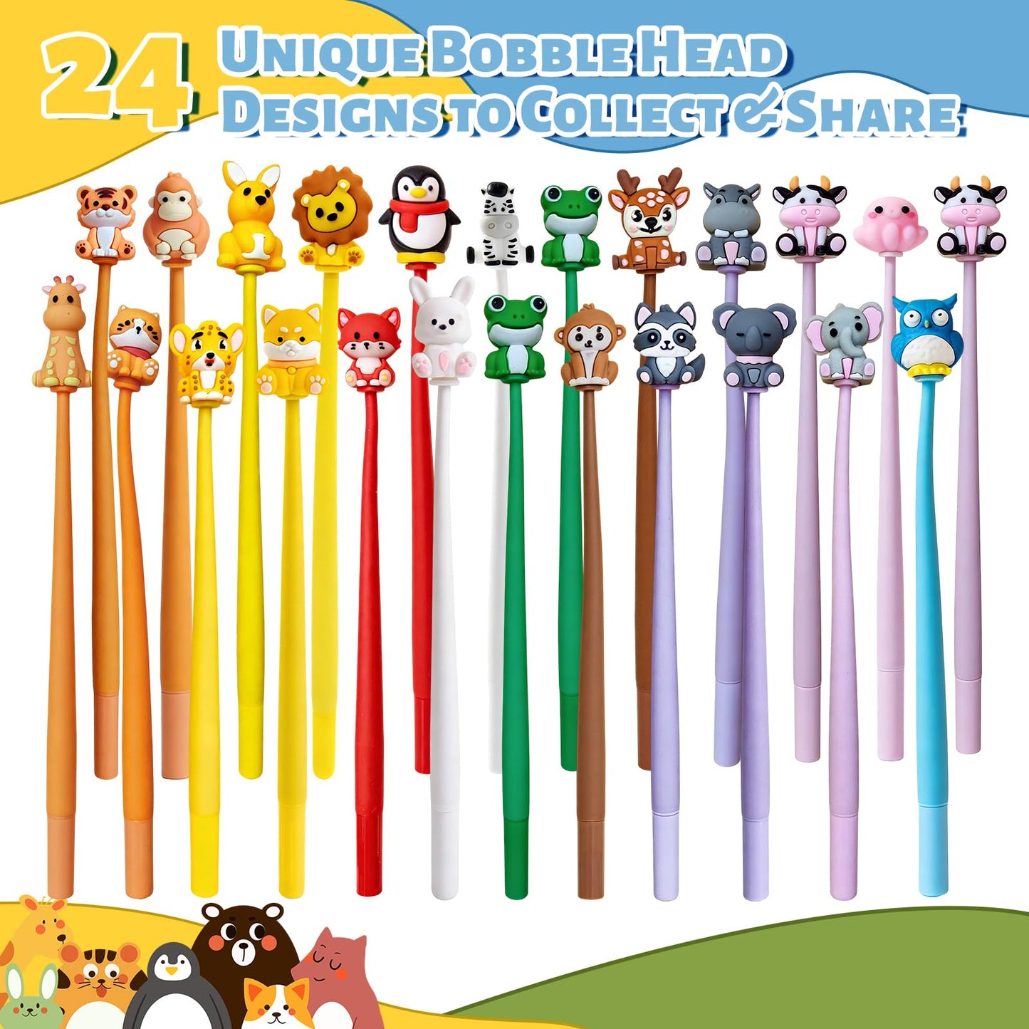 Zhirlyn Animal Pens Cute Pens End of Year Student Gifts from Teacher Assorted Fun Gel Ink Pen for Birthdays, Classroom Prizes, School, Office Supplies (Animal, 24)