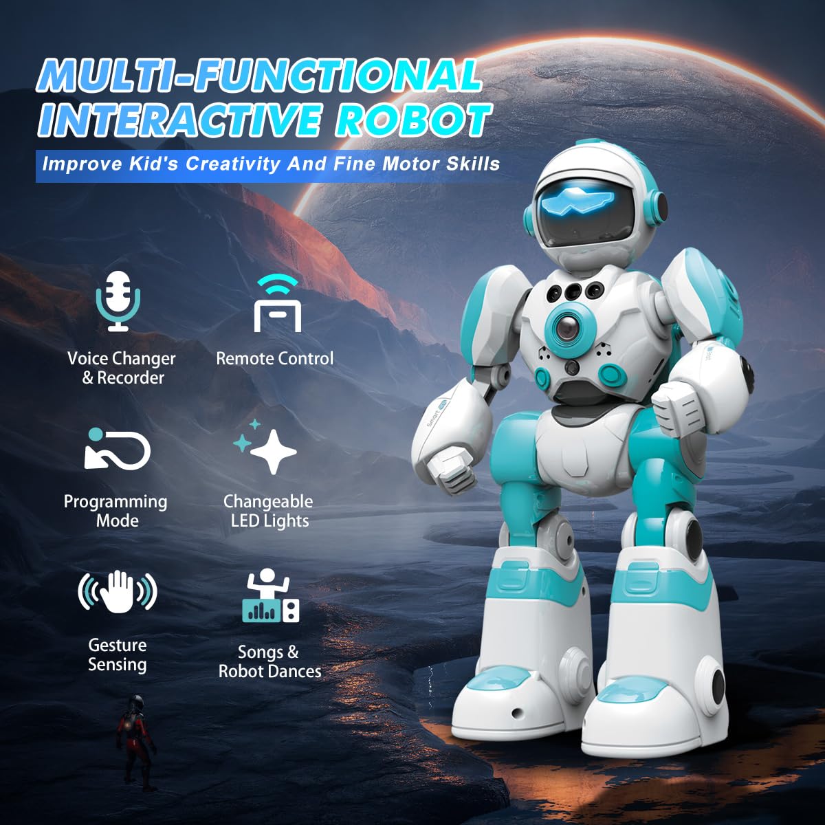 VATOS Robot Toys for Kids, 2PCS Remote Control Robot with Record Voice & Gesture Sensing Control, Rechargeable Programmable Music Dancing Functions for Toddler Boys Age 3 4 5 6 7 8 Years Old