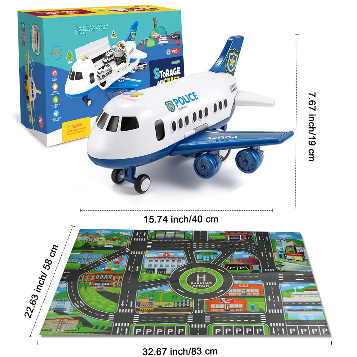 Dwi Dowellin Toddler Toys Car for Boys:Boy Toy Transport Cargo Airplane|Kid Toys 20 in 1 Carrier Vehicle Police Toys for Kids Age 2-4 3-5 4-7 Year Old Boys Girls