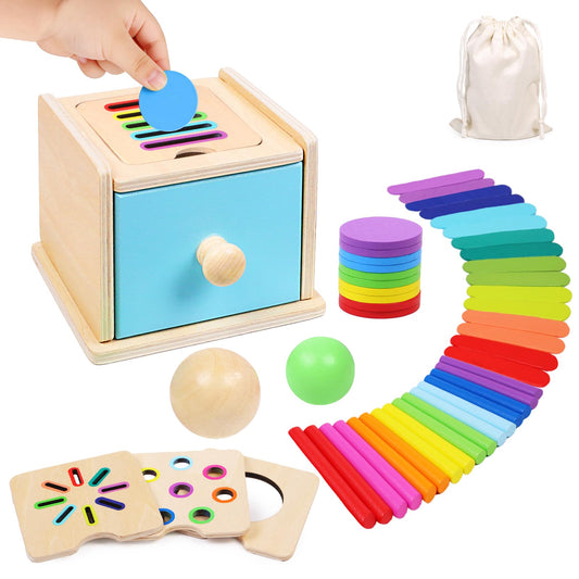 MTTIERY Montessori Toys for 1 2 3 Year Old, 4-in-1 Wooden Montessori Coin Box, Object Permanence Ball Drop Learning Color Sorting Toys for Toddlers 1-3, Gifts for 18 Months Baby Boys Girls