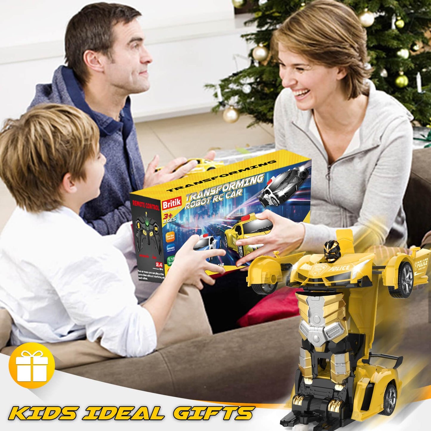 Britik Transform Remote Control Car - Rc Cars, One-Button Transforming, 360° Rotation Drifting, 2.4ghz 1:18 Scale, Gift Kids Aged 4-6 Year Old Boys/Girls, Police Car Yellow