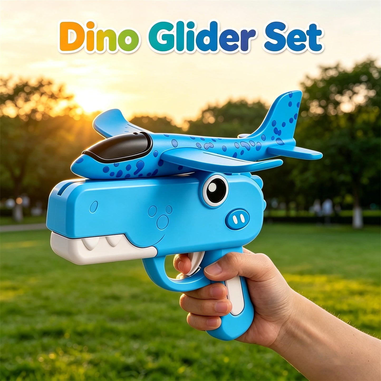 Cute Dinosaur Airplane Launcher Toy -Boxed Version, 8'' Foam Glider Plane - Outdoor Flying Catapult Toy - Fun Birthday Gifts, Easy to Launch Foam Aircraft (Blue)