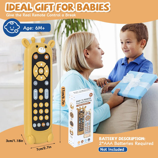 Orzbow Baby Remote Control Toy for 6 Month+ with Silicone Giraffe Teether Cover, TV Remote Toy with Realistic Light and Sound - English, French and Spanish for Infant Musical Toys, BPA Free, Black