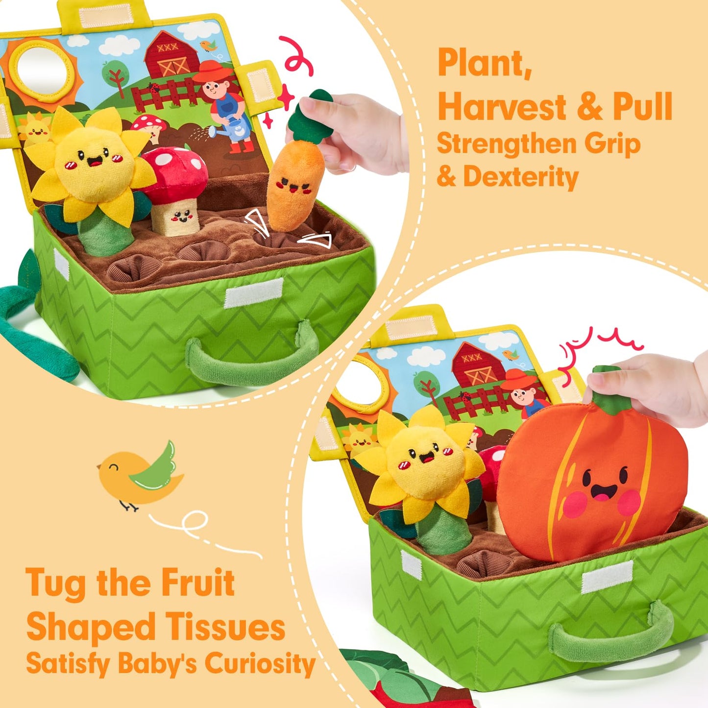 hahaland Baby Toys 6-12 Months - Fruits Vegetables Garden Plant Plush and Dancing Squid Toy - Tummy Time Toys, Crawling Toys, Wiggling Musical Standing Toy