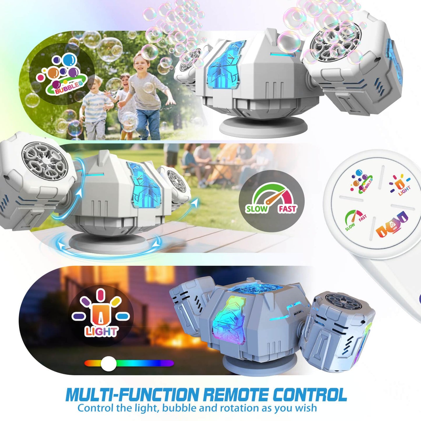 Dolanus Bubble Machine - Rechargeable, RGB, Rotation & Remote Control - Bubbles for Kids Toddlers 1-3 - Outdoor Outside Backyard Summer Toys for Ages 2 3 4 5 Year Old- Birthday Party Wedding Gifts