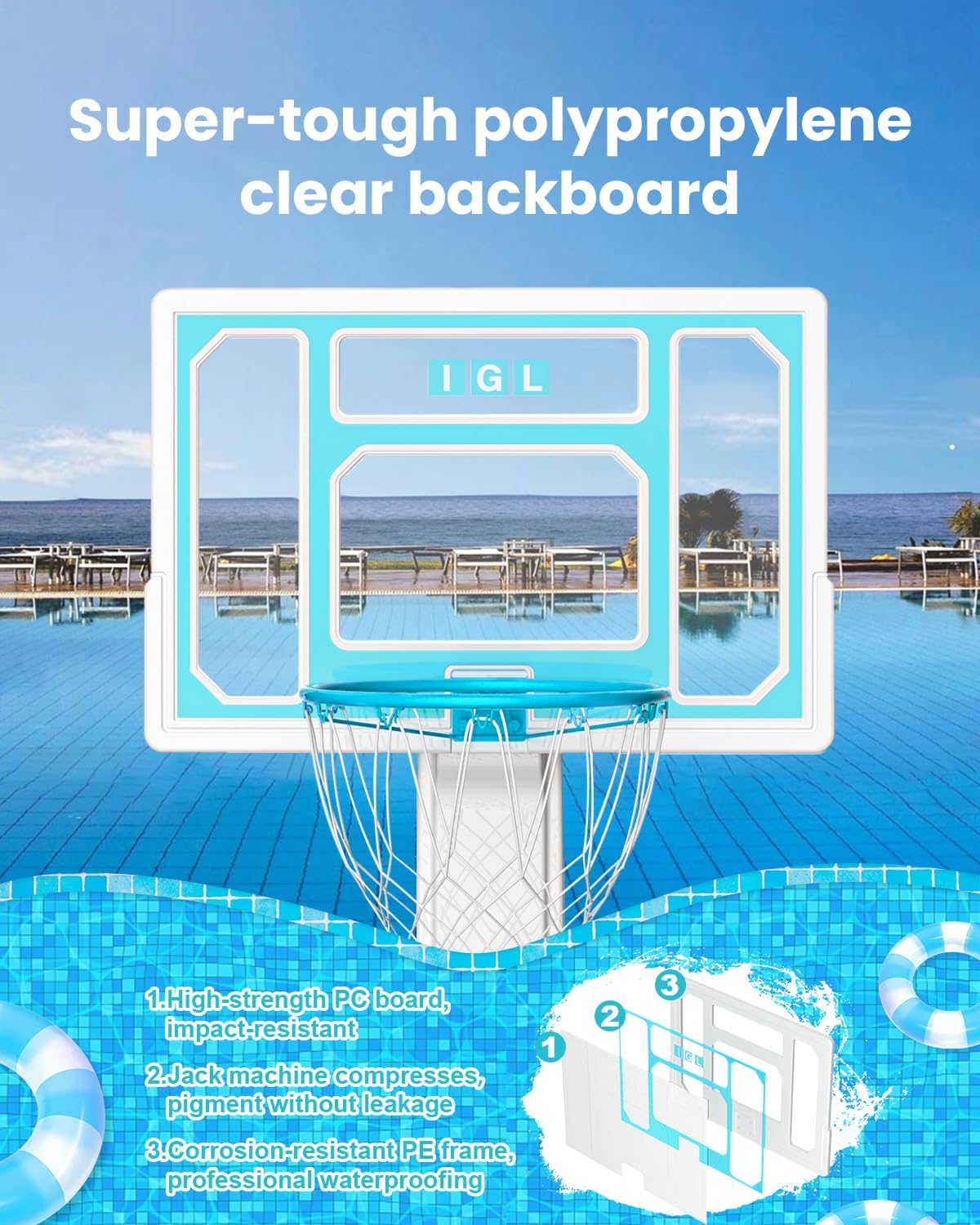IGL Pool Basketball Hoop Outdoor, Outdoor Poolside Basketball Hoop, Base & Stand Double Water Storage with 2 Ball & Inflator, Stainless Steel Basketball Rim, Fixed Height (32in Backboard)