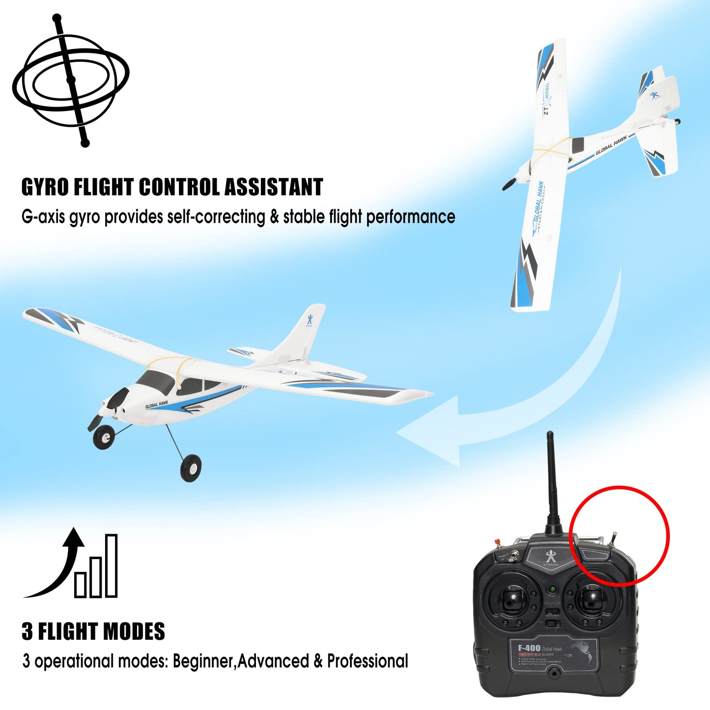 PLAYSTEM Global Hawk 2.4 GHz 1.2m RC Seaplane Smart Trainer Airplane- 4 Channel Remote RTF- Lithium Battery and Optional Floats Included