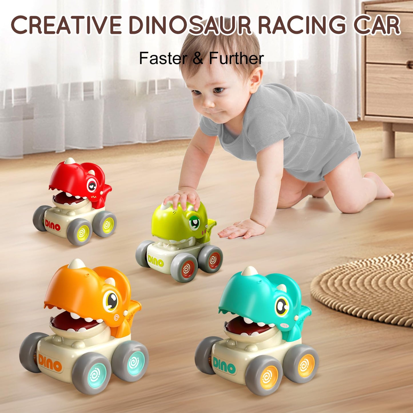 TnLoji Dinosaur Racing Cars for Toddlers 1-3, Baby Press and Go Car Toys, Infant Play Vehicle Set with Whistle, Baby Push Go Friction Car Toys for 18M+, 1st Birthday Gift for 1 2 Years Old Boys Girls