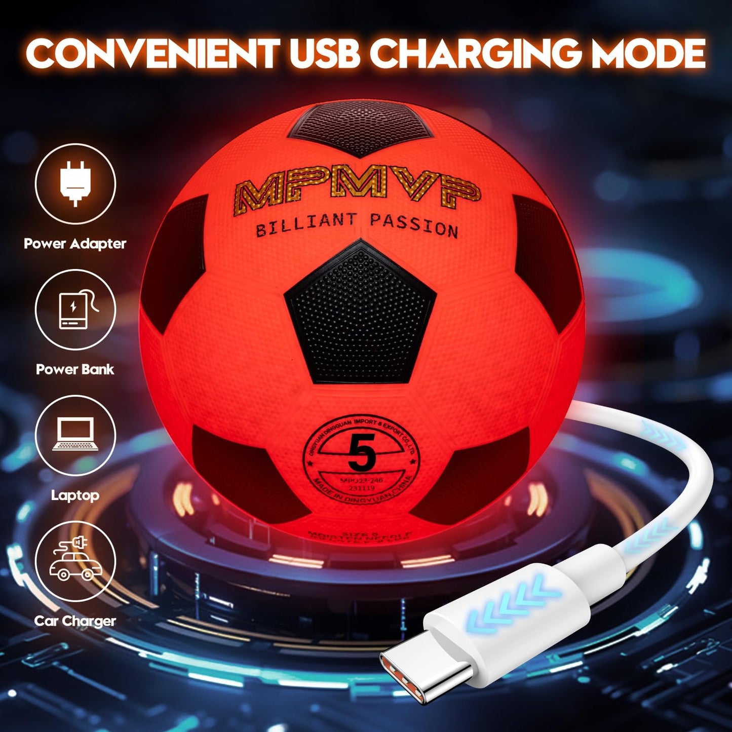 HITEGY Glow in the Dark Soccer Ball - Water-Resistant, Official Size 5, Light Up with Every Kick, Includes Pump, Manual & Extra Batteries - Perfect Soccer Gifts for Kids and Teen Boys (Orange)