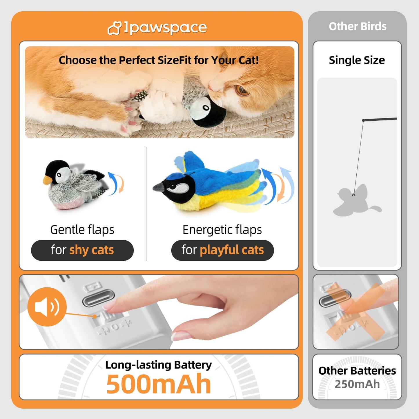 ipawspace Interactive Flapping Bird Cat Toy with Catnip, Touch Activated Rechargeable, Musical Sound (can Turn Off), Satisfy Cat's Natural Huting Instinct, Soft Plush Washable Cover (Green)