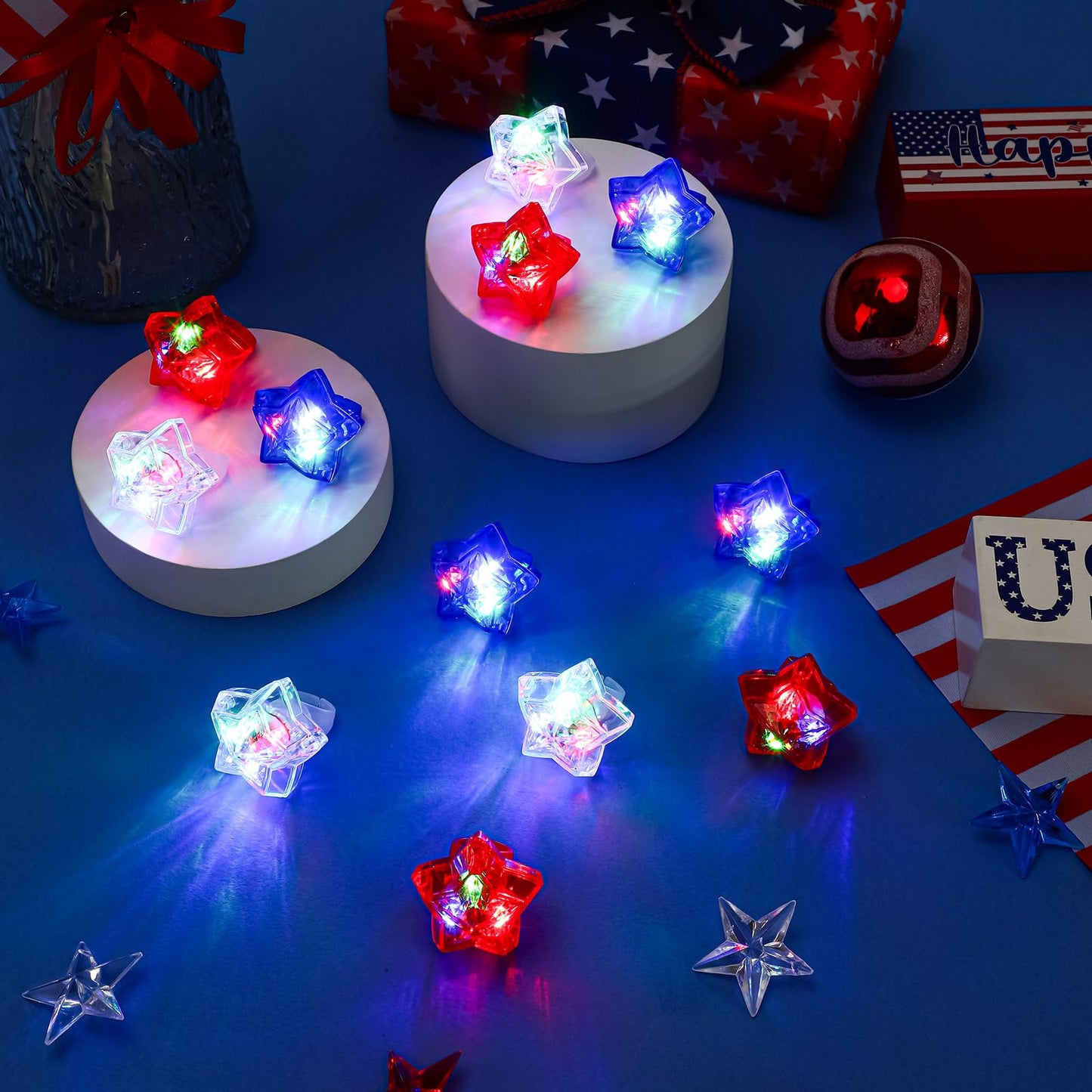 NORWANG 12 Pack Patriotic Light Up Rings, 4th of July Party Favors Red White Blue Glowing Star Accessories Finger Lights for Adults Memorial Day Independence Day Decoration Gifts Toy