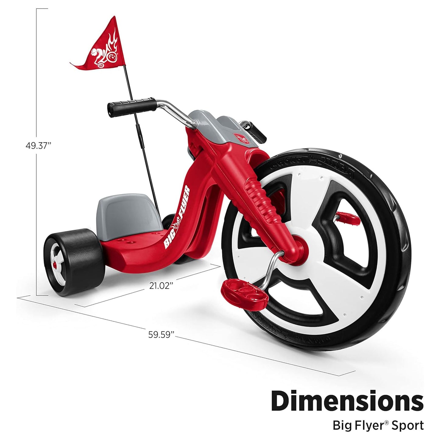 Radio Flyer Big Flyer Sport, for Kids 3-7, Chopper-Style Tricycle with 16-Inch Front Wheel, Adjustable Seat, Chrome Handlebars, Removable Racing Pennant, Performance Grip Tread, Tricycle for Kids