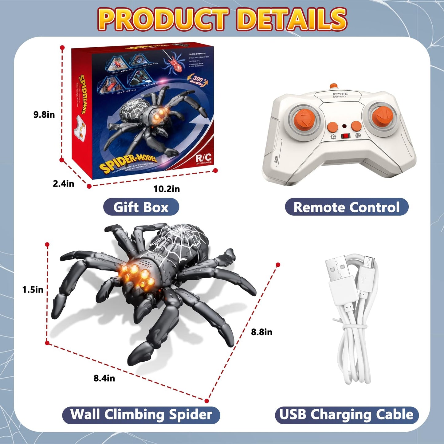 Infowush Wall Climbing Spider, Rechargeable Remote Control Spider Kids Toys, Floor/Wall Crawling Robot Spider Toy, Wall Crawler Spider Prank Toys Birthday Gifts for Boys Girls Ages 3-5 5-7 8-13, Black