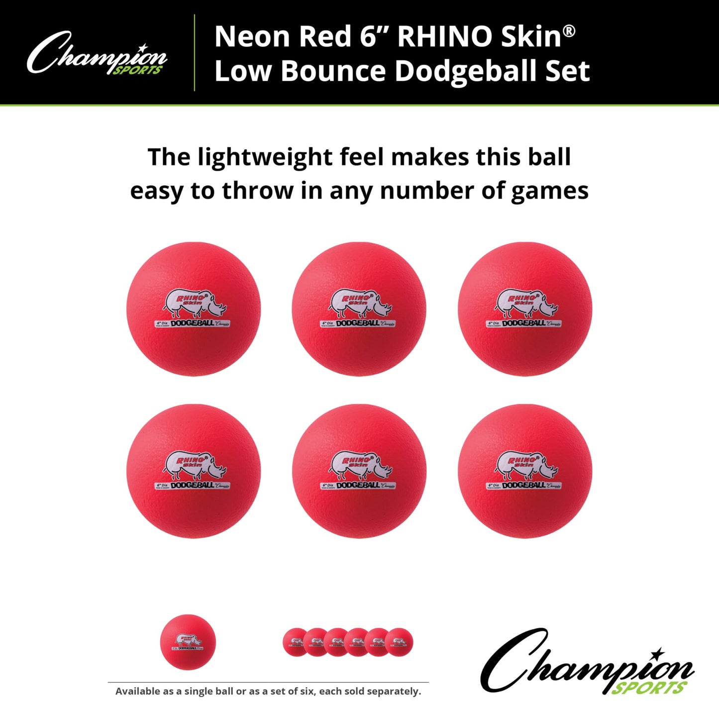 Champion Sports 6" Neon Red Rhino Skin Low Bounce Dodgeball Set