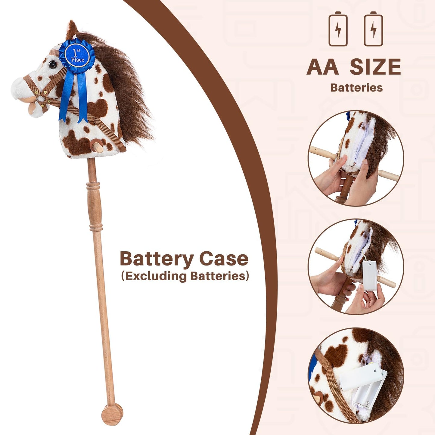 HollyHOME Stick Horse Plush with Detachable Blue Ribbon Champion Hobby Horse on Stick with Wood Wheels Real Pony Neighing for Kids Toddlers Appaloosa 36 Inches(AA Batteries Required)