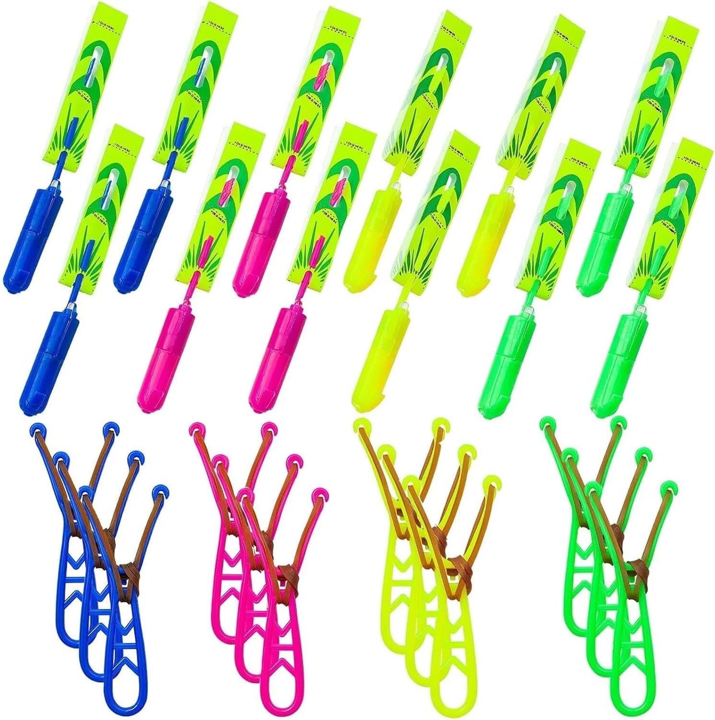 Slingshot Flying with Lights, Copter Launcher, 4 Color Slingshot for Kids, Rubber Band Launched Helicopter Toy, Includes 12 Helicopters +12 Launchers, for Summer Outdoor, Dark Party Supplies (12 Sets)