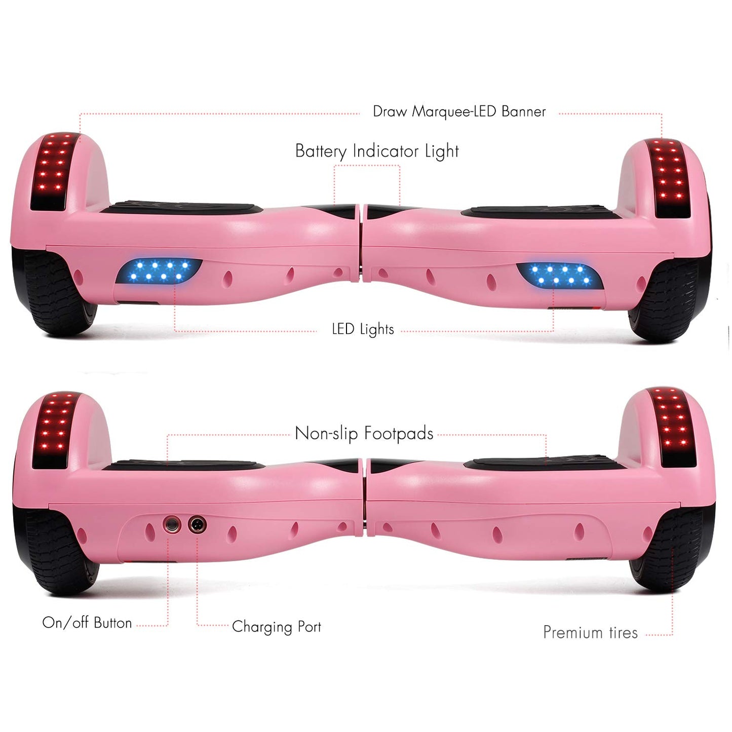 LIEAGLE Hoverboard, 6.5" Self Balancing Scooter Hover Board with Many Certified Wheels LED Lights for Kids Adults(A02 Pink)