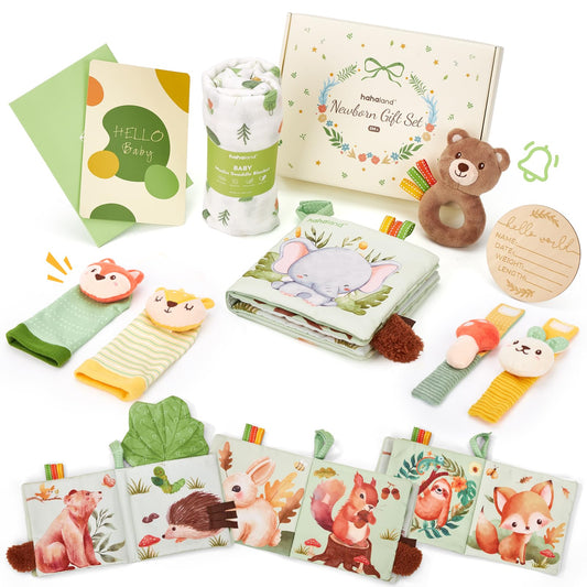 hahaland Baby Shower Gift for New Mom, Newborn Gift Set for Boys & Girls with Swaddle Blanket, Rattle Socks and Wristband Set, Plush Rattle, Soft Baby Crinkle Book, Wooden Milestone Card
